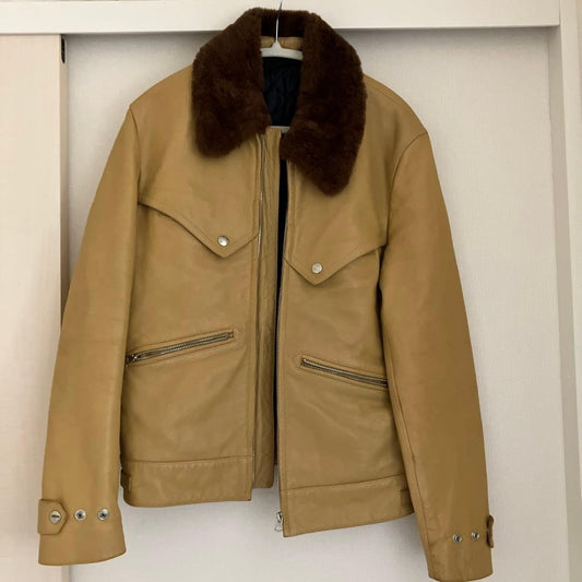 Acne Studios Beige Leather Fur Collar Jacket Size 44 M Women Pre-Owned Japan FS
