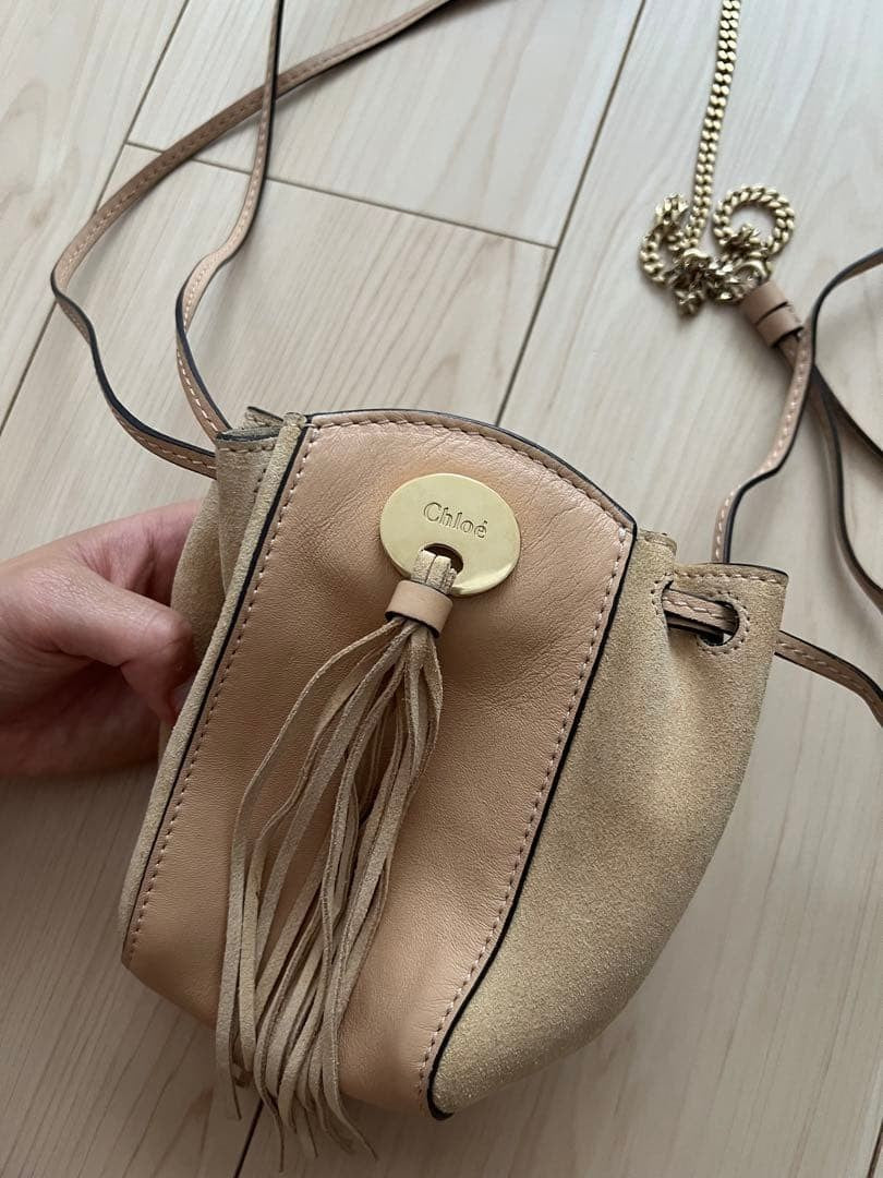 Chloe Chain Shoulder Bag Mini Pochette Leather Fringe Beige USED Auth #S2433