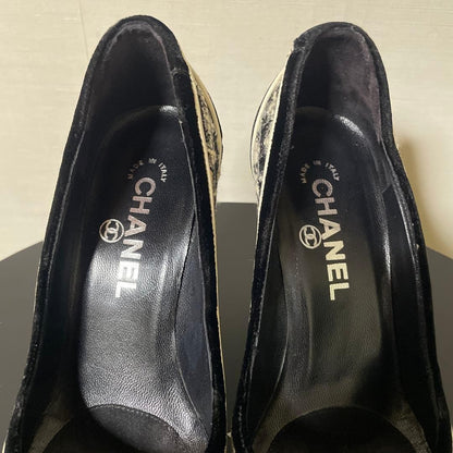 CHANEL Shoes Pumps Heel EU 36 US 6 Tweed Black White Authentic