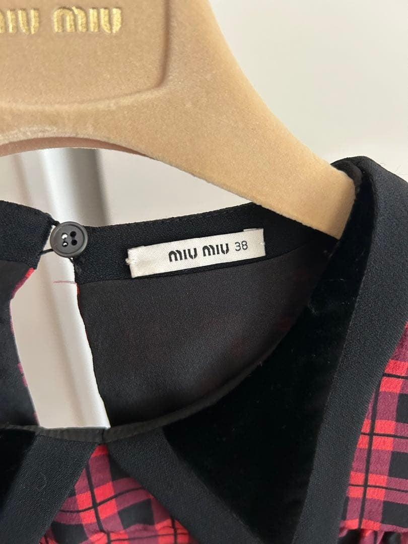 Miu Miu Dress Size 38 Black Red Check Velvet Detail Flare Excellent Condition