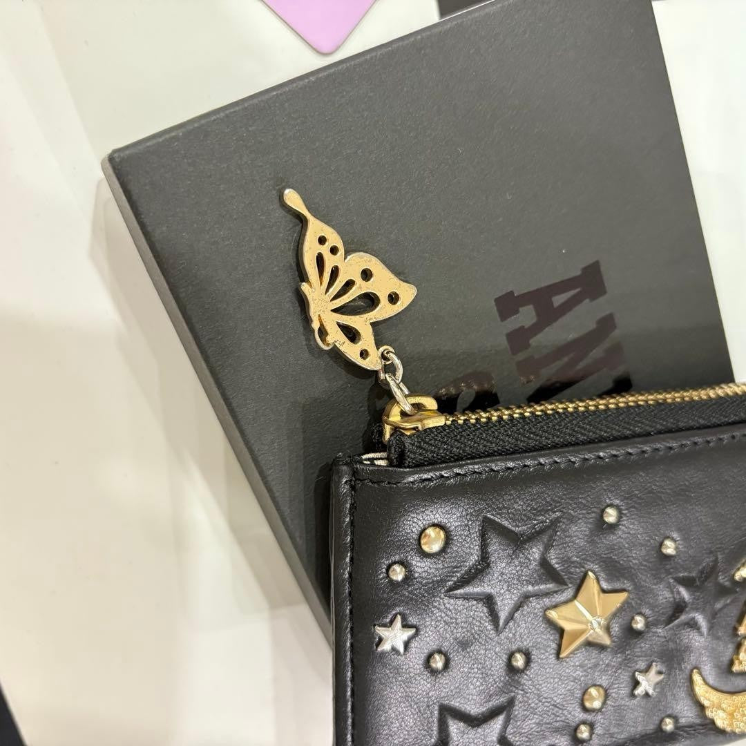 Anna Sui Moon Star Coin Case Black Pass Case 2 Pockets Used with Box from Japan