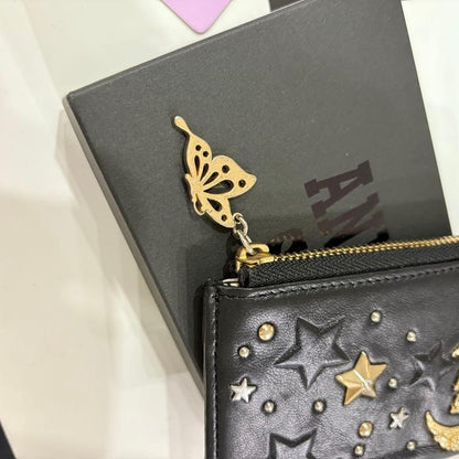 Anna Sui Moon Star Coin Case Black Pass Case 2 Pockets Used with Box from Japan