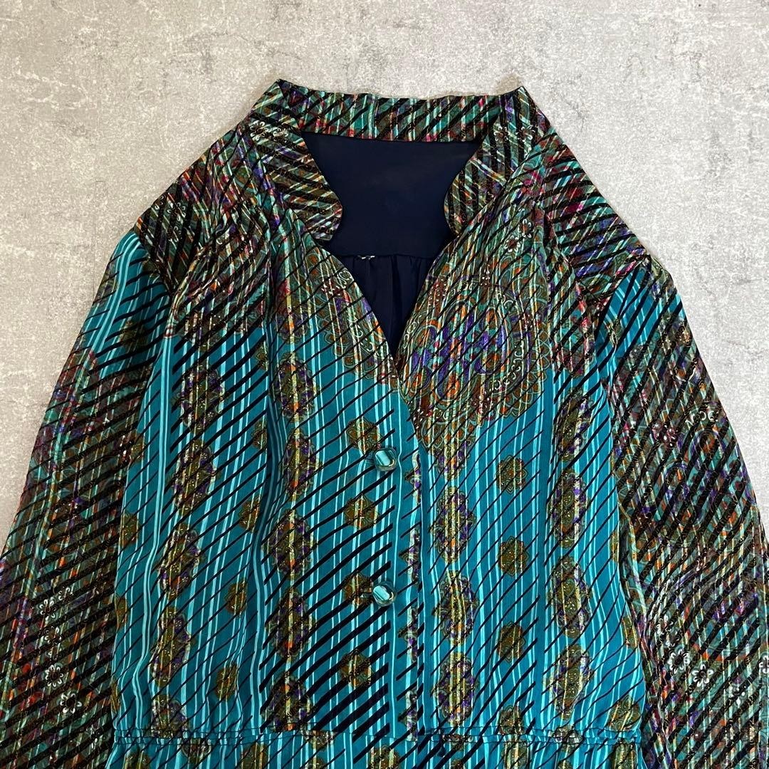 Turquoise diagonal stripe pattern long dress, all-over print, one size fits all
