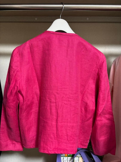 Oscar de la Renta Pink 100% Linen Jacket with Embroidery, Size M
