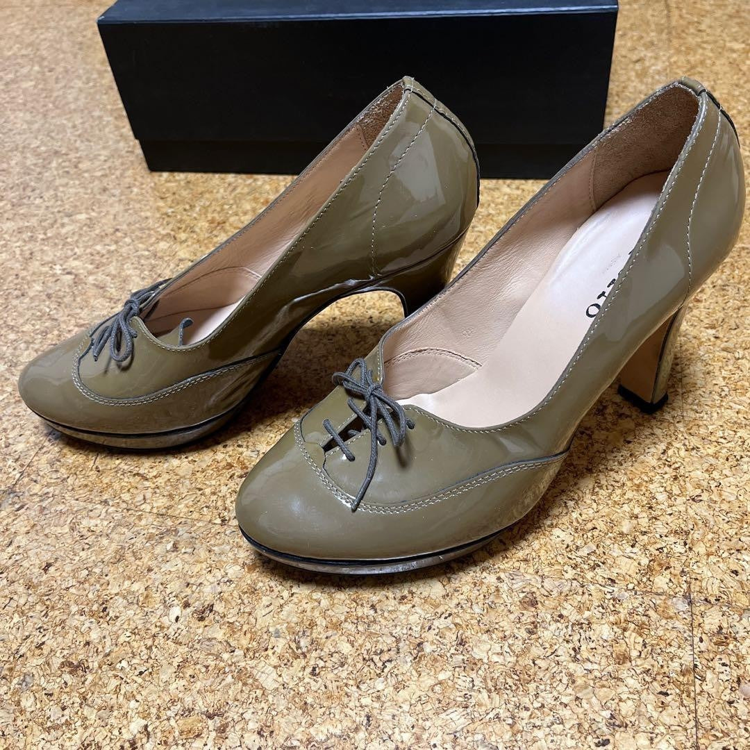 Rare Repetto Enamel Beige Olive Green Lace-Up Heels Shoes Size 38 US 7-7.5
