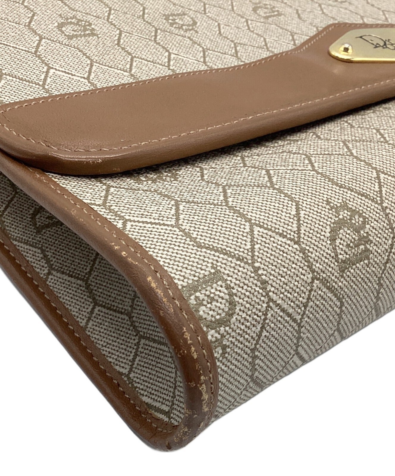 Dior Honeycomb Chain Shoulder Crossbody Bag Beige Canvas Leather Vintage Auth