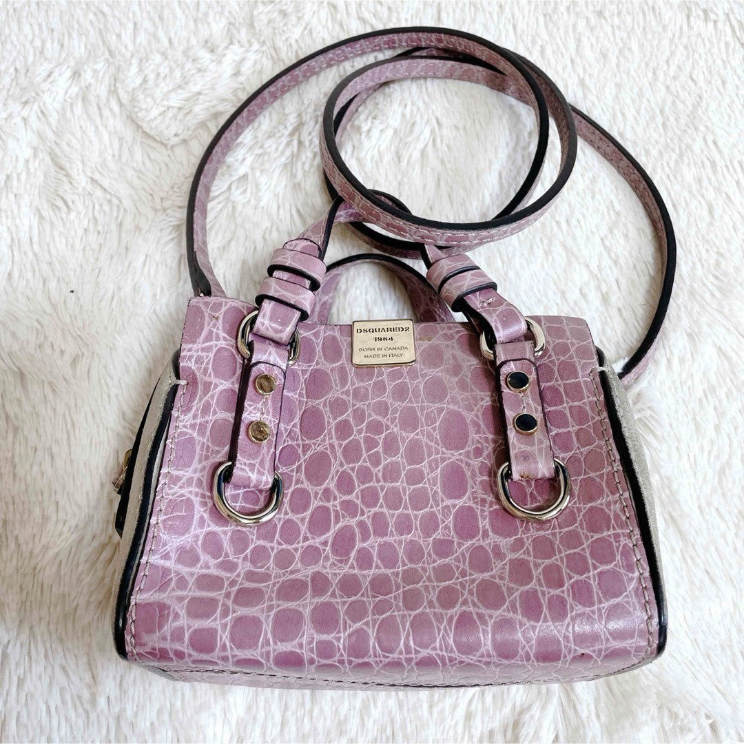 Dsquared2 Croco Embossed Suede 2Way Shoulder Handbag Pink Used Ex+ Authentic JPN