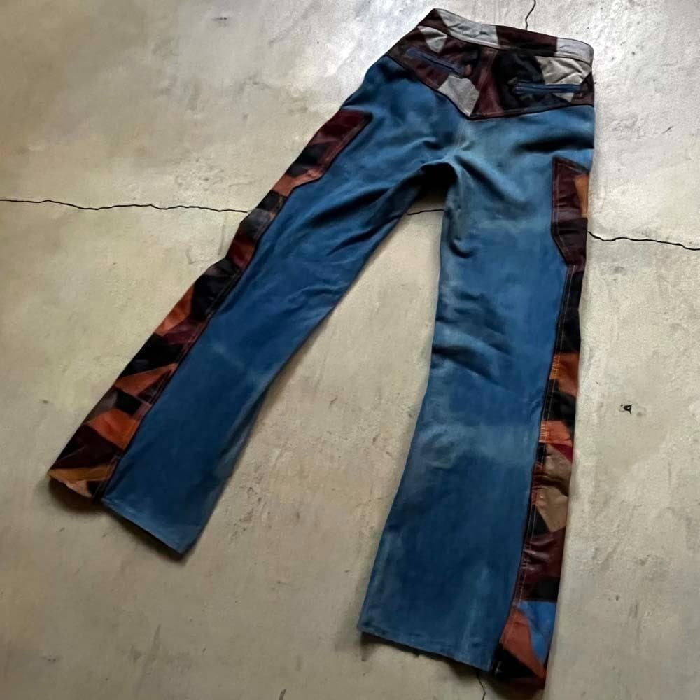 60S-70S Aura Vintage Patchwork Leather Bell Bottom/Jeans Denim Boot Cut East Wai
