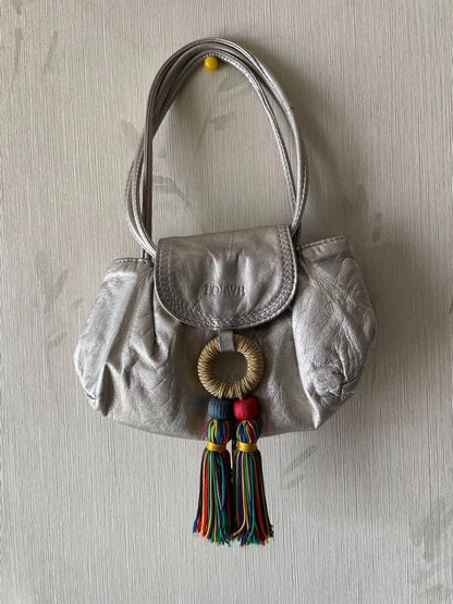 LOEWE Fringe Shoulder Bag Leather Silver tone Auth 99979