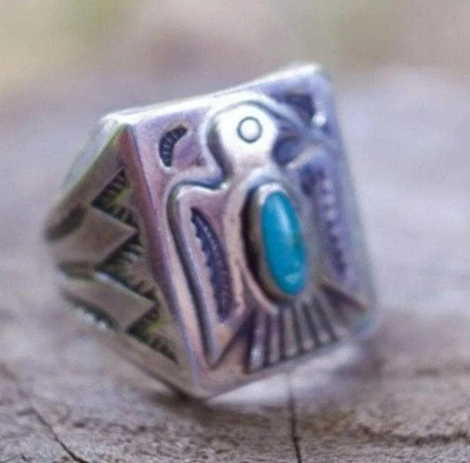 Men's Ring, Eagle Turquoise Ring, Silver, Indian Vintage, US Size 11