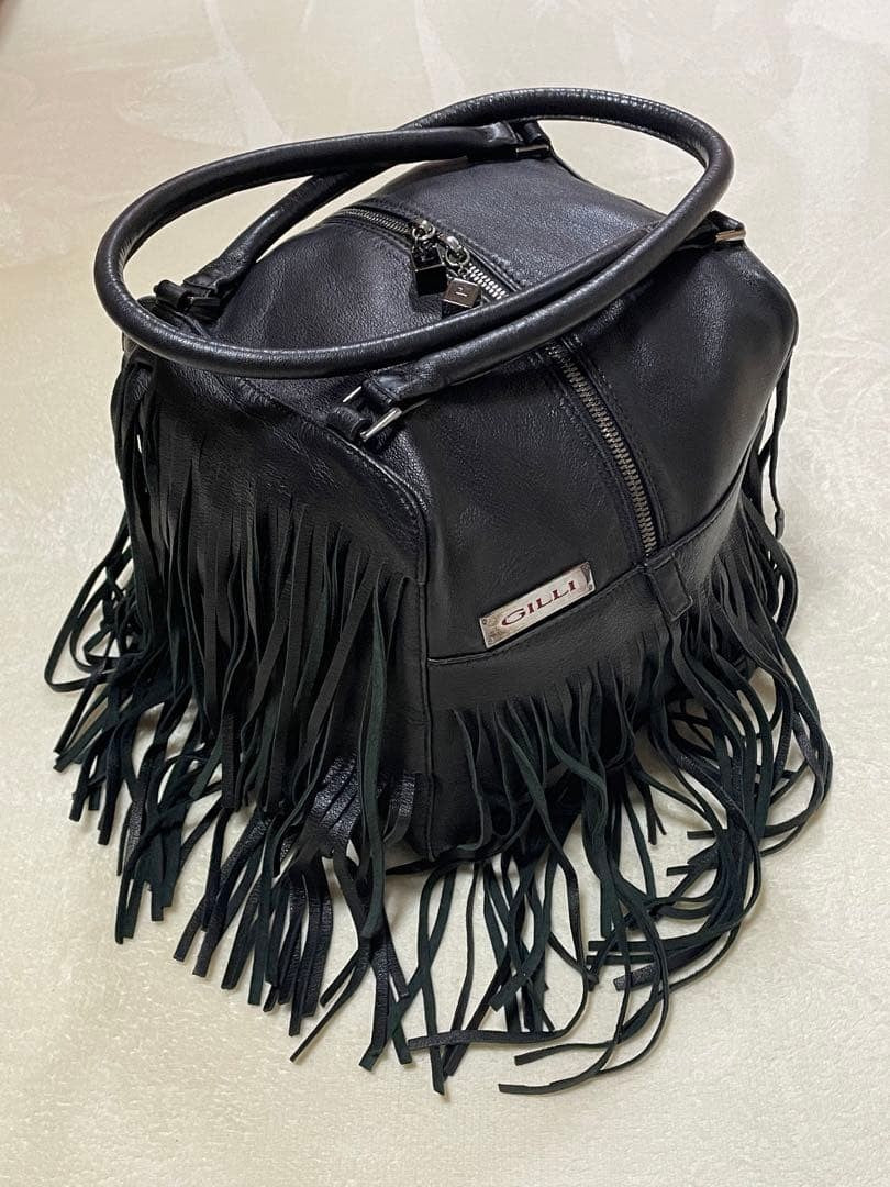 GILLI Fringe Cube Handbag Tote Bag Purse Leather in Black Auth Good Condition