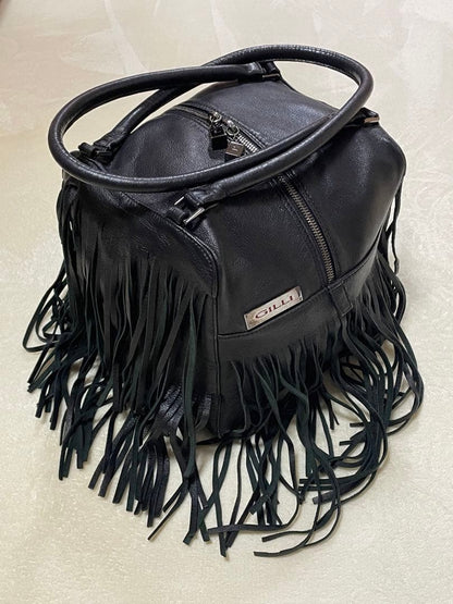 GILLI Fringe Cube Handbag Tote Bag Purse Leather in Black Auth Good Condition