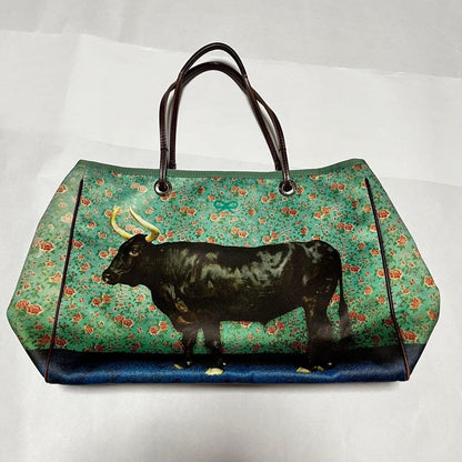 Anya Hindmarch Buffalo Floral Pattern Green Leather Tote Bag Authentic