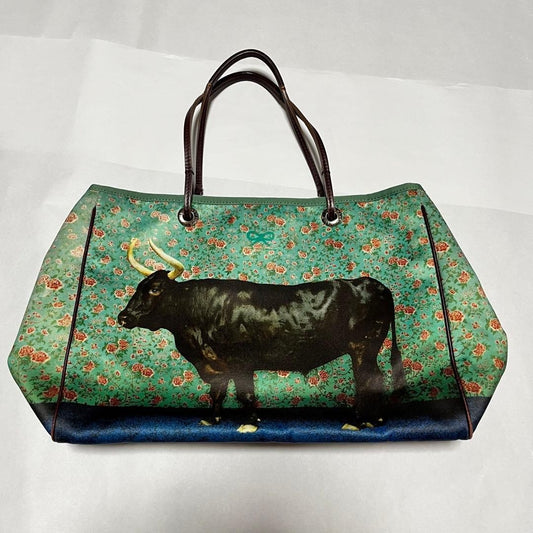 Anya Hindmarch Buffalo Floral Pattern Green Leather Tote Bag Authentic