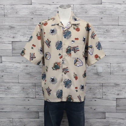 Rare Ben Davis Ink Full Pattern Tattoo Print Open Collar Shirt L