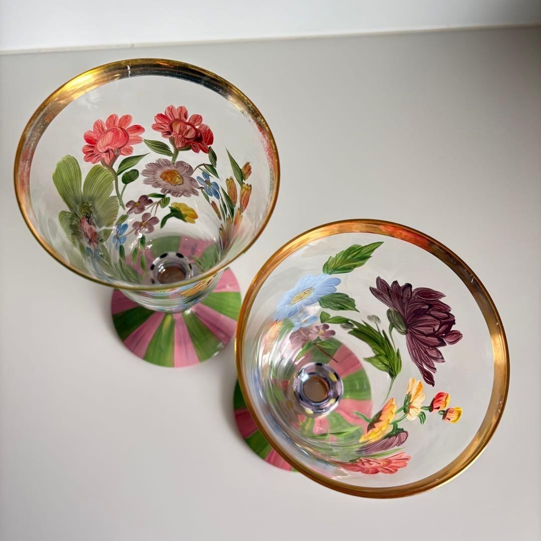 Mackenzie Childs Circus Hand-Painted Floral Glass Set Large Small Rare