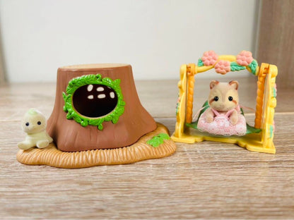 Vintage Rare Sylvanian Families Raccoon and Fairy Set Flower Swing stump