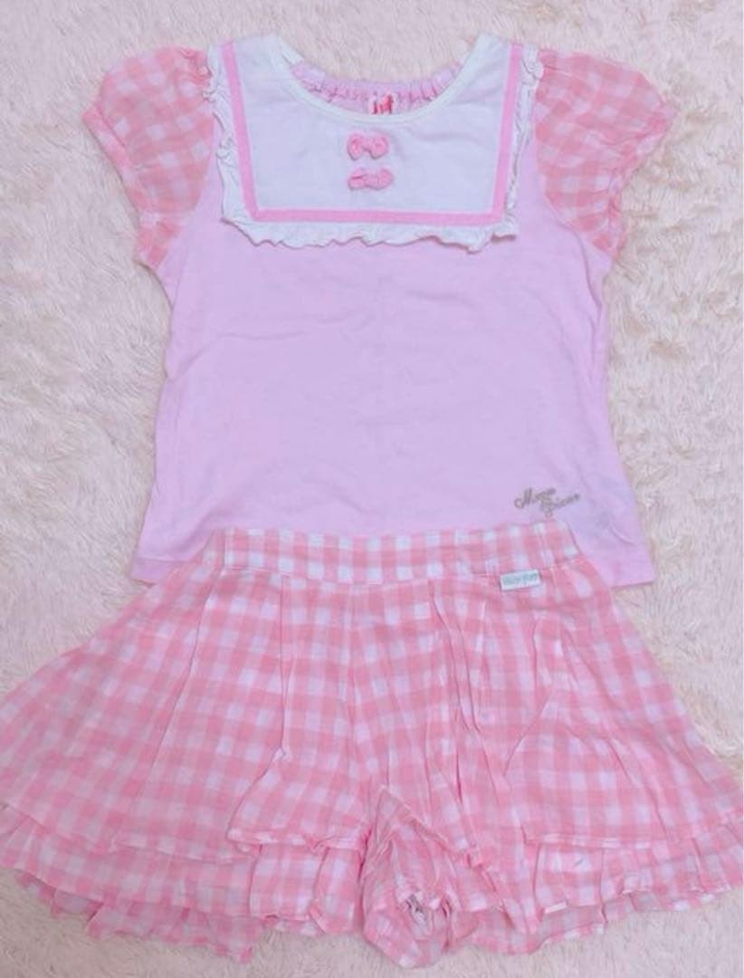 mezzo piano m524 Mezzopia 130cm Gingham Check Set Pink Ribbon TShirt Skirt Near