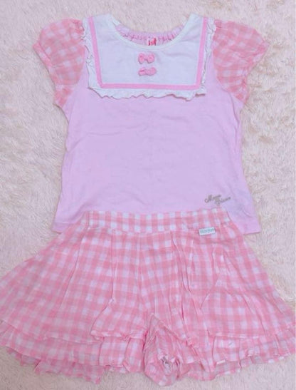 mezzo piano m524 Mezzopia 130cm Gingham Check Set Pink Ribbon TShirt Skirt Near