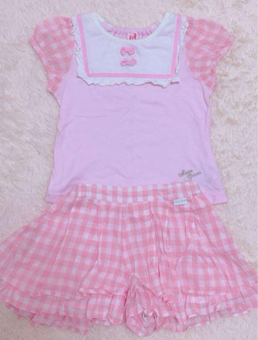 mezzo piano m524 Mezzopia 130cm Gingham Check Set Pink Ribbon TShirt Skirt Near