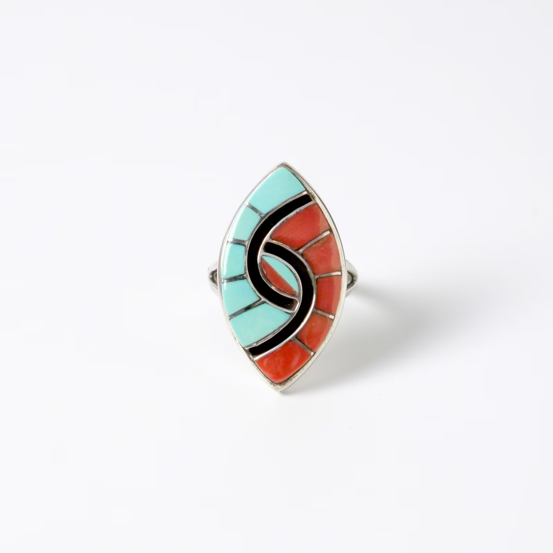Amy Wesley Zuni Ring: Turquoise & Coral Inlay Friendship Motif. US Size 6.5.