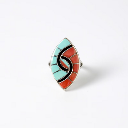 Amy Wesley Zuni Ring: Turquoise & Coral Inlay Friendship Motif. US Size 6.5.
