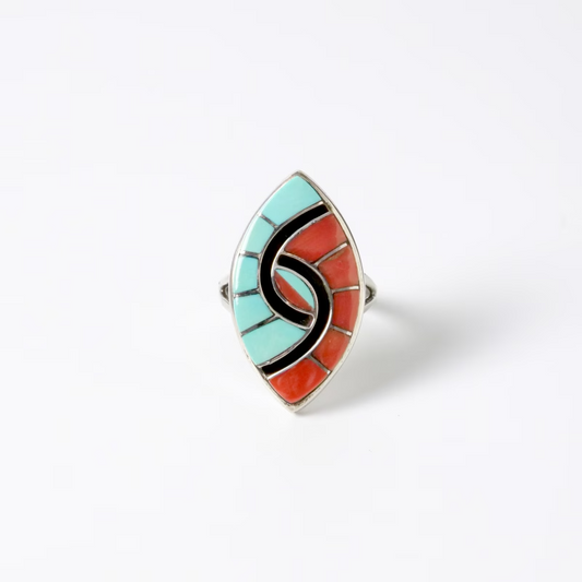 Amy Wesley Zuni Ring: Turquoise & Coral Inlay Friendship Motif. US Size 6.5.