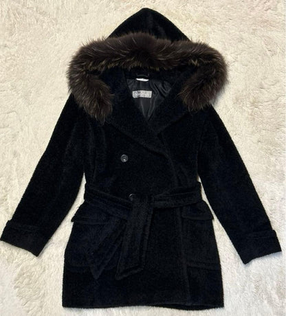Max Mara Belted Alpaca Shaggy Fur Coat Jacket Blouson Women Size 42 Black