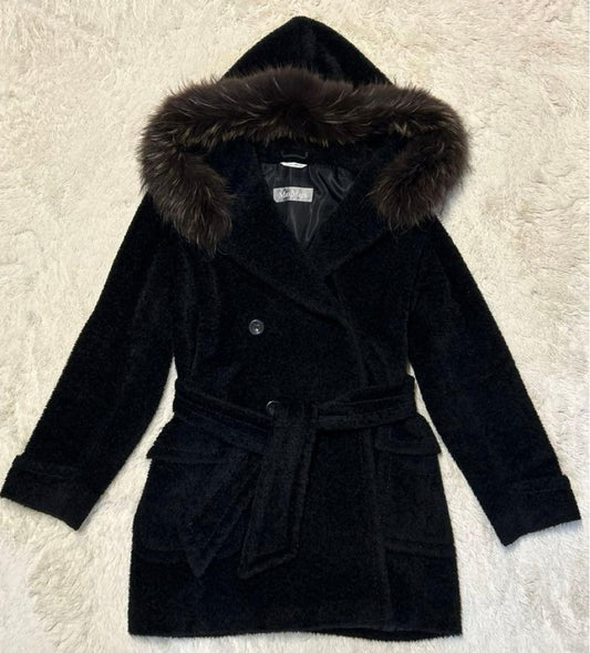 Max Mara Belted Alpaca Shaggy Fur Coat Jacket Blouson Women Size 42 Black