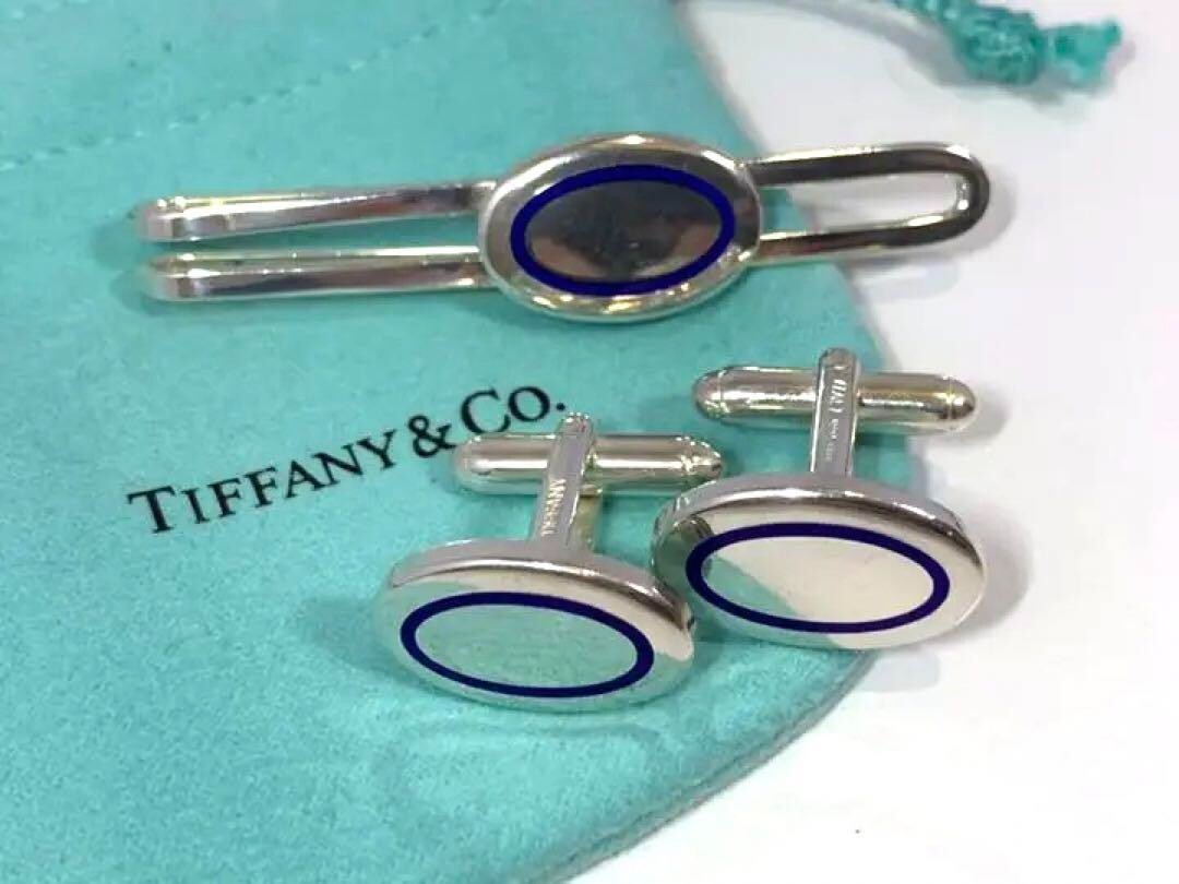 Tiffany & Co. Authentic Cufflinks Tie Pin Silver925 Blue Oval Men's With Box Bag