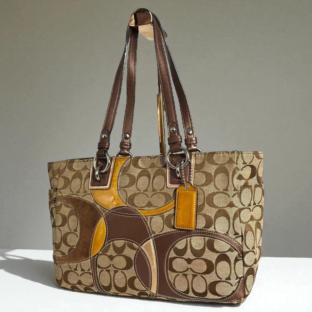 Coach Brown Signature Canvas Leather Patchwork Tote Bag with Silver Hardware