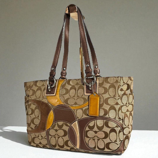 Coach Brown Signature Canvas Leather Patchwork Tote Bag with Silver Hardware