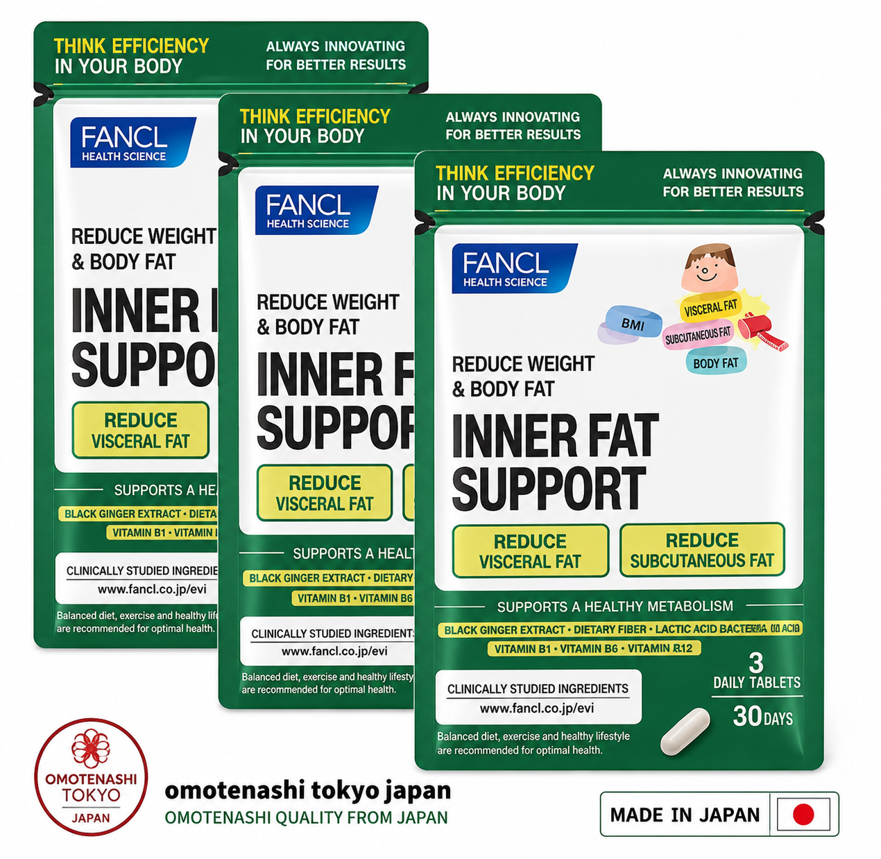 FANCL Inner Fat Support Supplement (30-Day Supply x 3 Bags)