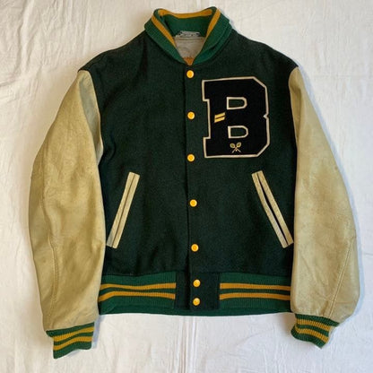 Vintage USA-made Golden Bear leather sleeve stadium jacket