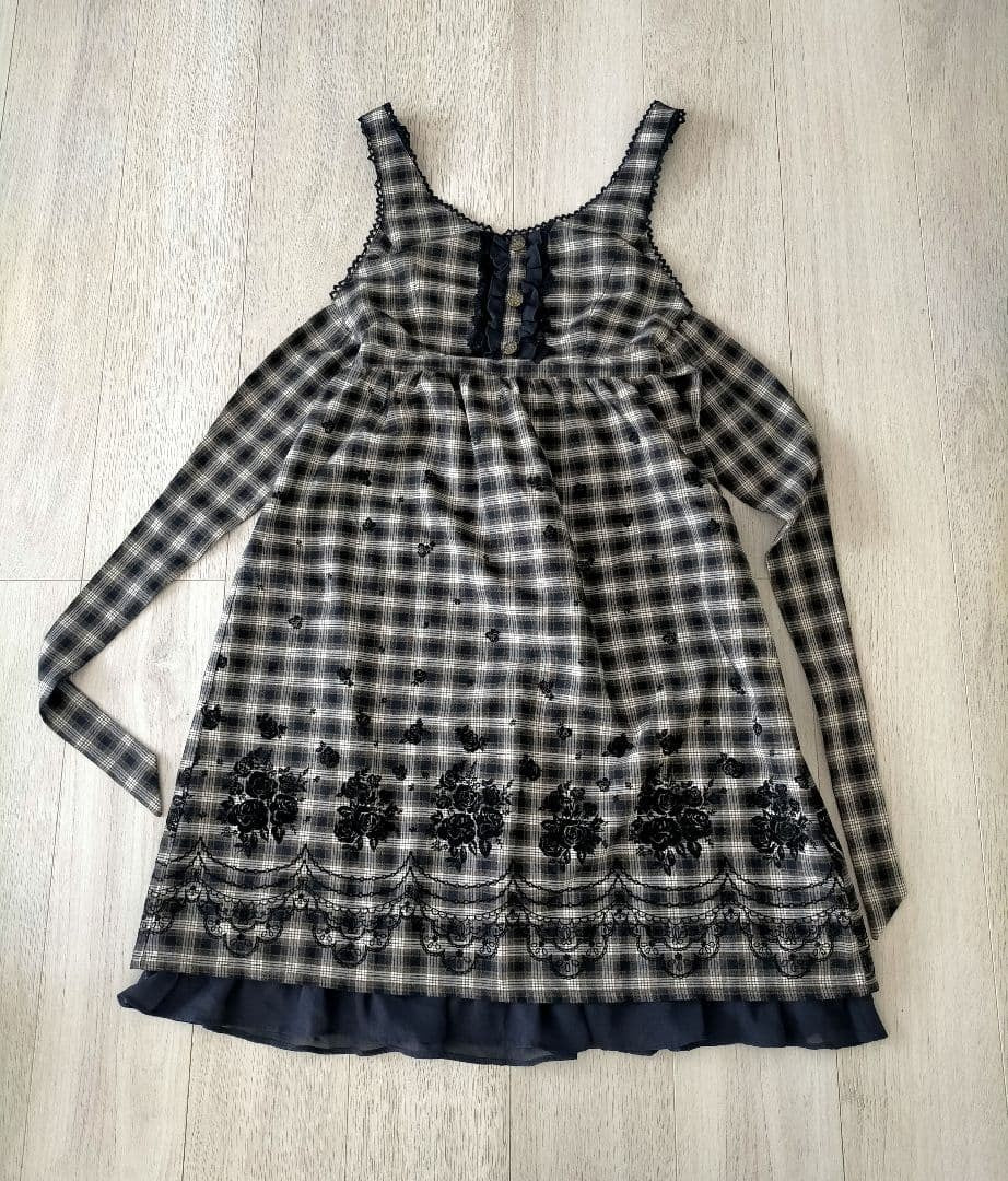 Axes Femme Plaid Embroidery Ribbon Dress Navy Japan