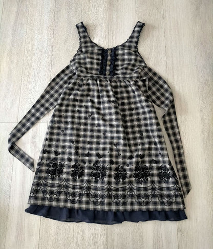 Axes Femme Plaid Embroidery Ribbon Dress Navy Japan