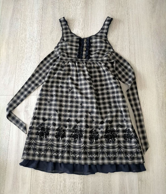 Axes Femme Plaid Embroidery Ribbon Dress Navy Japan