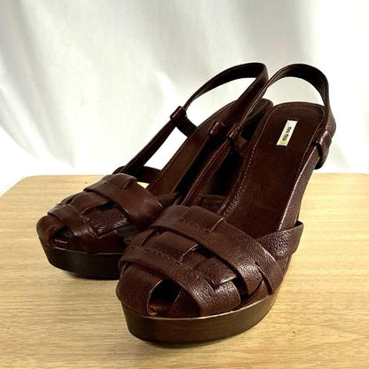 Rare Miu Miu Brown Leather Wedge Sandals 38.5 EU Beautiful Condition