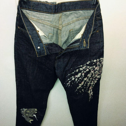 Hanatabi Gakudan Men's Denim Jeans Pants Koi Sakura Embroidered Blue 30