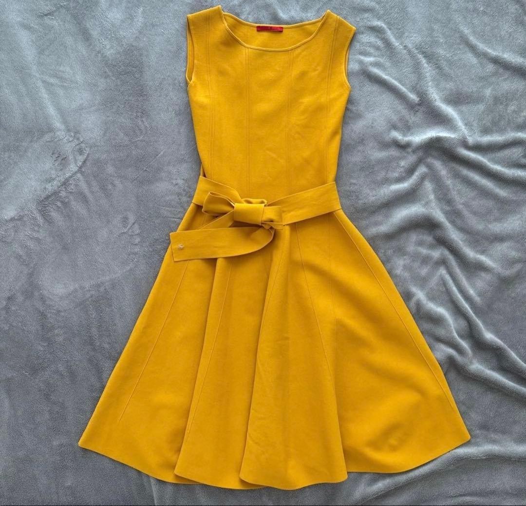 CAROLINA HERRERA Dress Sleeveless Yellow Flare Waist Ribbon 100cm S