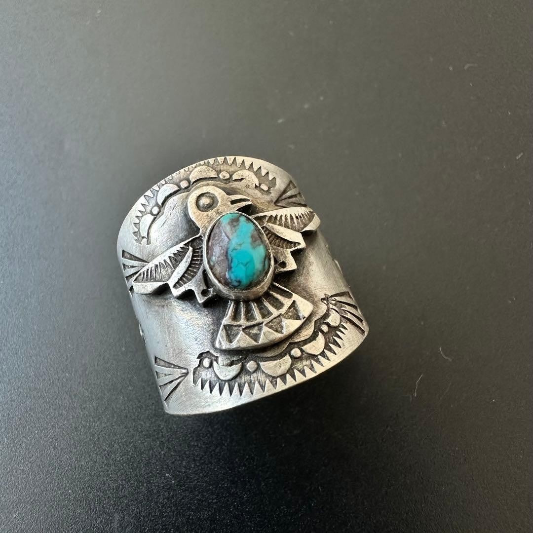 Navajo LFC Bisbee Turquoise Thunderbird Ring US 11.7