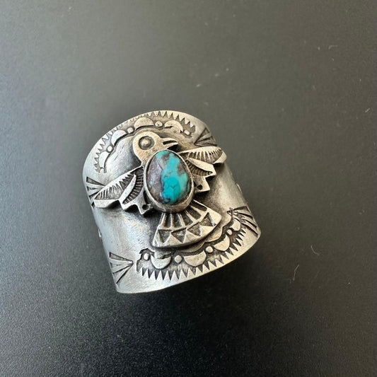 Navajo LFC Bisbee Turquoise Thunderbird Ring US 11.7