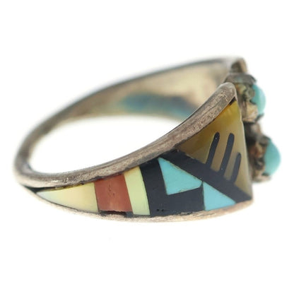 Indian Jewelry ZUNI CHOOKE Chalk Geometric Pattern Inlay Ring Silver/Turquoise