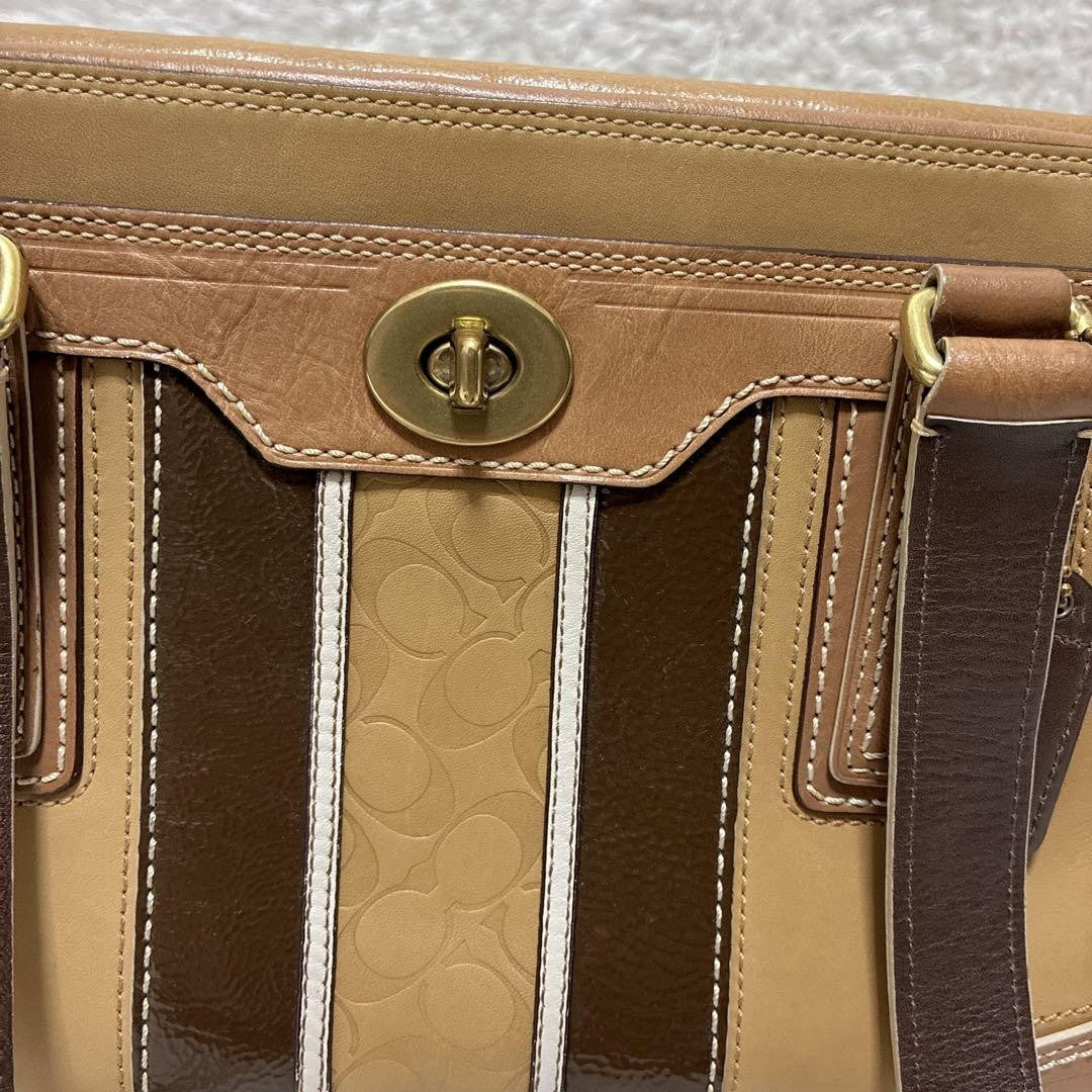 Coach Signature Hamptons Leather Tote Bag Brown Beige Vintage Authentic