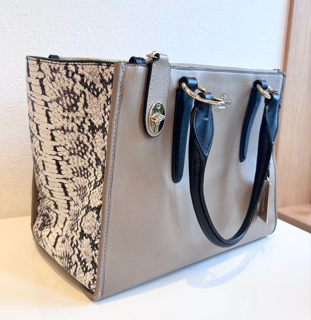 COACH Hand Bag Tote Bag Gray Leather Snake pattern Women's USED FROM JAPAN