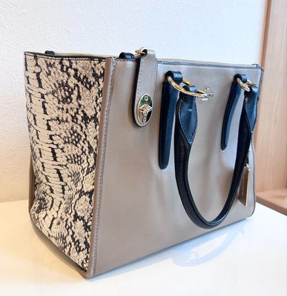 COACH Hand Bag Tote Bag Gray Leather Snake pattern Women's USED FROM JAPAN