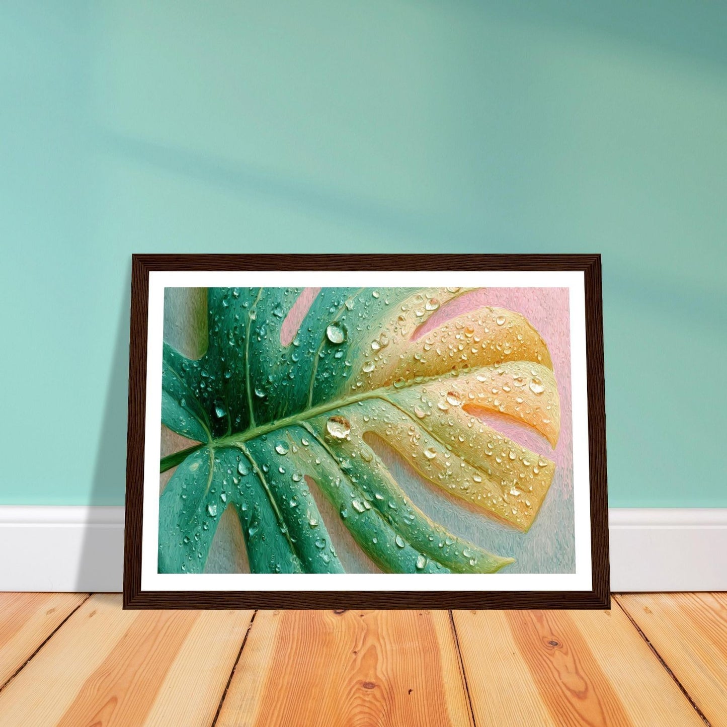 Droplets and Monstera Hawaiian art, wall hanging interior, limited edition.