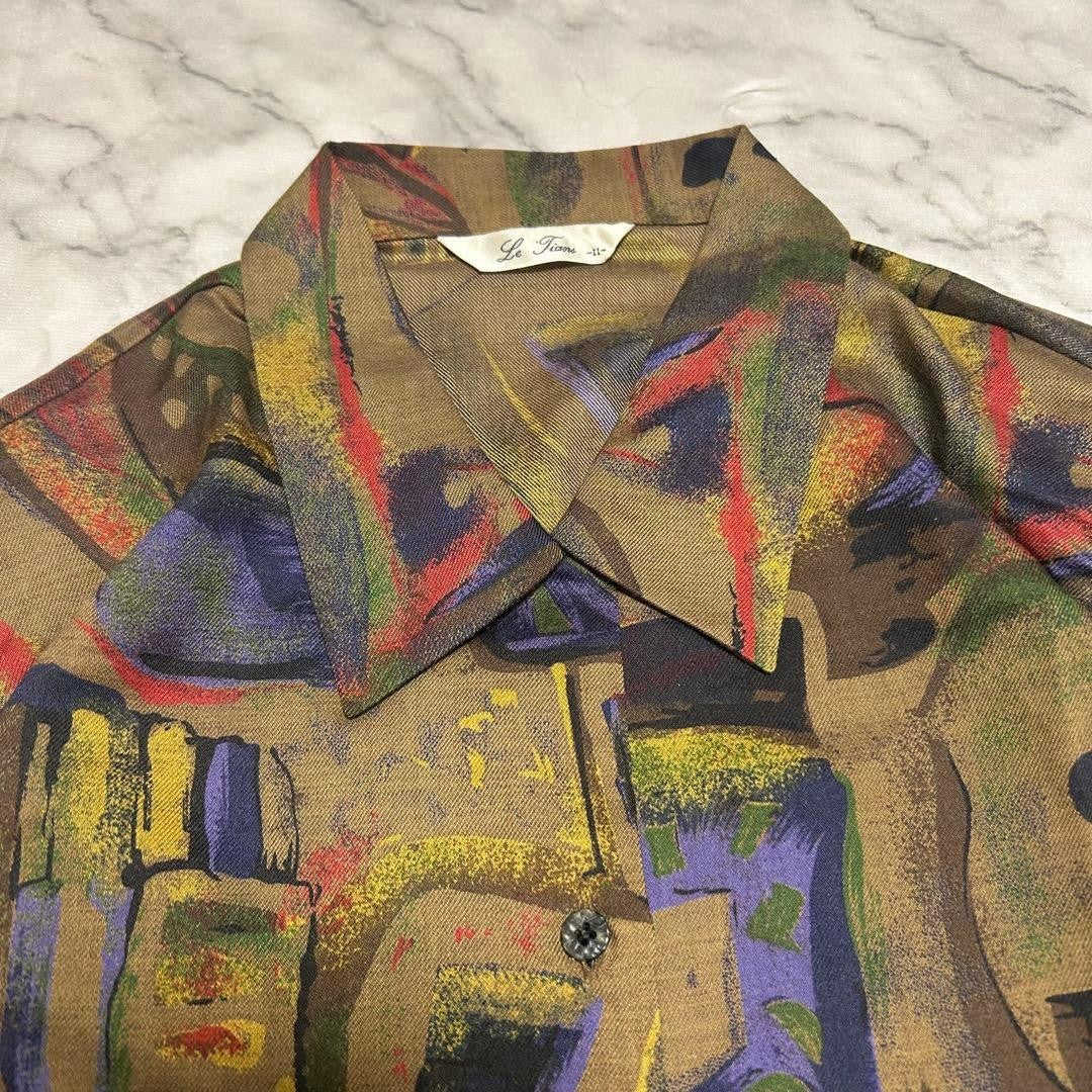 VINTAGE Art Print Shirt with Shoulder Pads, All-Over Pattern, Long Sleeve, Showa