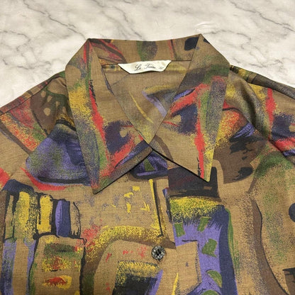VINTAGE Art Print Shirt with Shoulder Pads, All-Over Pattern, Long Sleeve, Showa