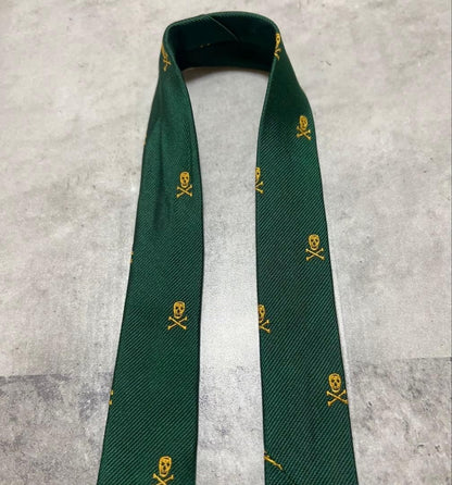 Ralph Lauren Rugby Skull Crossbones Green Silk Necktie Rare Discontinued Mint